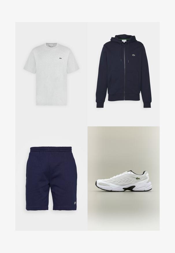 Sweat à capuche zippé bleu marine en coton doux. Il dispose d'une poche kangourou, d'une capuche à cordon de serrage et d'un petit logo vert Lacoste sur la poitrine.; T-shirt gris clair à manches courtes et col rond avec petit logo crocodile vert Lacoste sur la poitrine gauche.; Shorts en coton bleu marine avec une taille élastique, arborant un petit logo vert sur le bas de la jambe gauche et une texture lisse.; Baskets de sport blanches avec un dessus en mesh texturé, un design courbé et une semelle noire contrastante. Présente un logo brodé vert sur le côté.