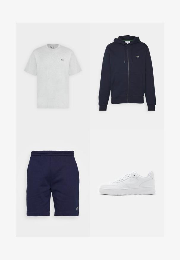 Tumesinine tõmblukuga kapuutsiga moodul, mis on valmistatud pehmest puuvillast. Omab rohkendustaskut, paelaga kapuutsi ja väikest roheline Lacoste logo rinnal.; Helehall lühikeste varrukatega ümara kaelusega T-särk väikese rohelise Lacoste krokodilli logoga vasakul rinnal.; Tumedat puuvillased lühikesed püksid elastse vöökohaga, millel on vasakul jalal väike roheline logo ja sile tekstuur.; Valge nahast tenniseking, millel on perforatsioonidega varvas, lame paelad ja pehmendusega krae. Omab sissepressitud logo küljel ja tekstuurset kummist talda.