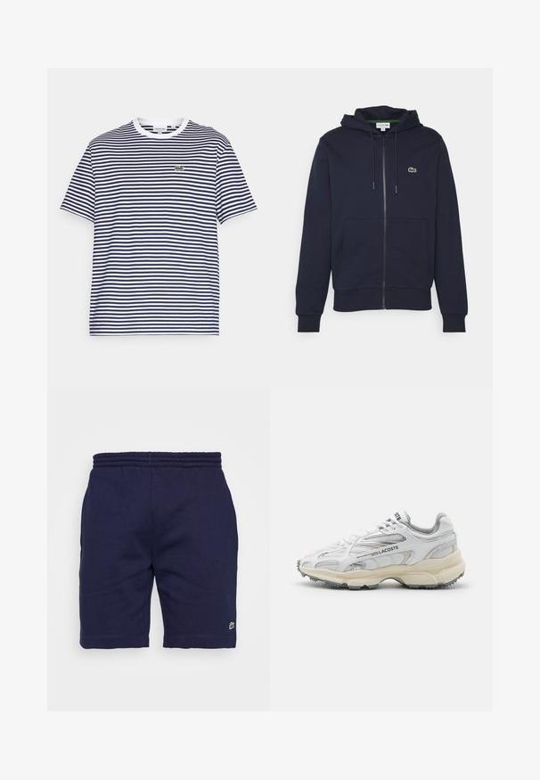 Sudadera con cremallera de color azul marino, hecha de algodón suave. Presenta un bolsillo tipo canguro, capucha con cordón y un pequeño logo verde de Lacoste en el pecho.; Camiseta de algodón a rayas en navy y blanco, con cuello redondo y mangas cortas. Presenta un pequeño logo de cocodrilo verde en el pecho.; Pantalones cortos de algodón azul marino con cintura elástica, que presentan un pequeño logotipo verde en la parte inferior de la pierna izquierda y una textura suave.; Zapatillas deportivas blancas con detalles en gris, parte superior de malla y sintético, diseño de cordones, y suela de goma texturizada con patrones de tracción.