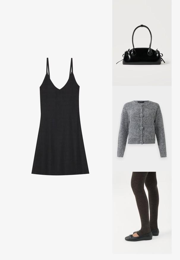 Grijze gebreide cardigan met textuur, lange mouwen en vier grote decoratieve knopen aan de voorkant.; Zwarte geribbelde slipdress met een V-hals en dunne verstelbare bandjes. Heeft een relaxed fit, valt boven de knieën en heeft een minimalistisch ontwerp.; Benen met donkere geribbelde leggings gecombineerd met zwarte ballerina's met kleine strikdetails op een witte achtergrond.; Kleine zwarte glanzende handtas met twee lange hengsels en zijkant trekkoord details op een effen lichte achtergrond.