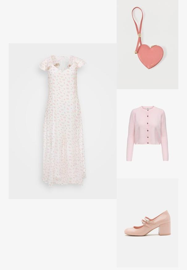 JDY JDYCHLOE LIFE CARDIGAN - Kardigan - light pink; Lille kumaari floral maxi kleit; lühikesed volangvarrukad, V-kaelus ja pehmed roosad roosimustrid valgel taustal.; Roosa läikiv nahk kõrge kontsaga jalatsid, ümarate varvastega, kahe reguleeritava pandla rihmaga ja massiivse, läbipaistva plokknõelaga.; Roosa südamekujuline nahast münditasku randmerihma ja kuldse tõmblukuga, mis on kaunistatud väikese kuldse „Furla" tekstiga.
