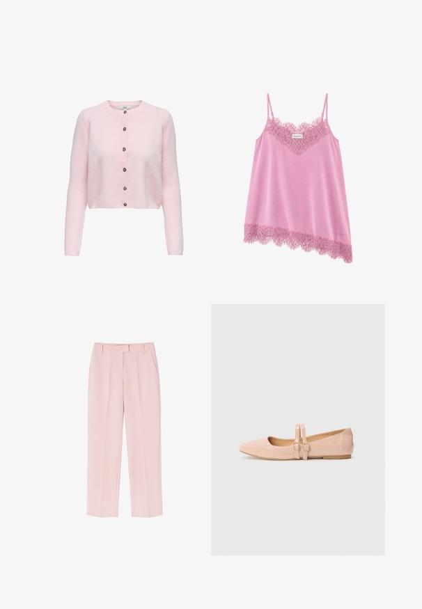 JDY JDYCHLOE LIFE CARDIGAN - Cardigan - light pink; Lyserød ærmeløs satin camisole med blonder langs halsudskæringen og kanten, med tynde justerbare stropper og et lille mærke.; Lyserøde bukser med skræddersyet design, der har to sidelommer, en glat tekstur og folder foran for ekstra detalje.; Sart rosa patentlæder balletflade med spids tå, der har to justerbare remme og en lav, flad gummisål.