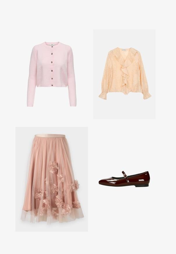 JDY JDYCHLOE LIFE CARDIGAN - Vest - light pink; Perzikkleurige blouse met ruches, lange mouwen, textuurstof en elastische manchetten. Heeft een diepe V-halslijn en een subtiel bloempatroon.; Tule rok in zachtroze met een satijnen tailleband. Voorzien van gelaagde doorschijnende stof en driedimensionale bloemapplicaties verspreid over het geheel.; Bordeaux lakleren ballerina's met een lage hak, vierkante neus en verstelbare band met een goudkleurige gespsluiting.
