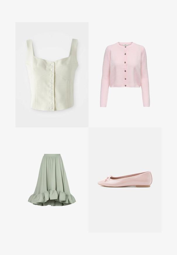 JDY JDYCHLOE LIFE CARDIGAN - Kardigan - light pink; Kreemjas värvitoonis ilma varrukateta lühike topp, millel on laiad rihmad ja esiküljel rida väikeseid valgeid nööpe.; Mündroheline, põlvekohale ulatuv seelik, mis on valmistatud pehmest kangast, volditud vöökoha ja lühikeste äärtega, omades voolavat disaini ja niiske tekstuuri.; Roosa lakknahast baleriina tallaga, terava varbaosaga ja ees kaunistava paelaga. Omab lamedat talla ja õmblusteta disaini.