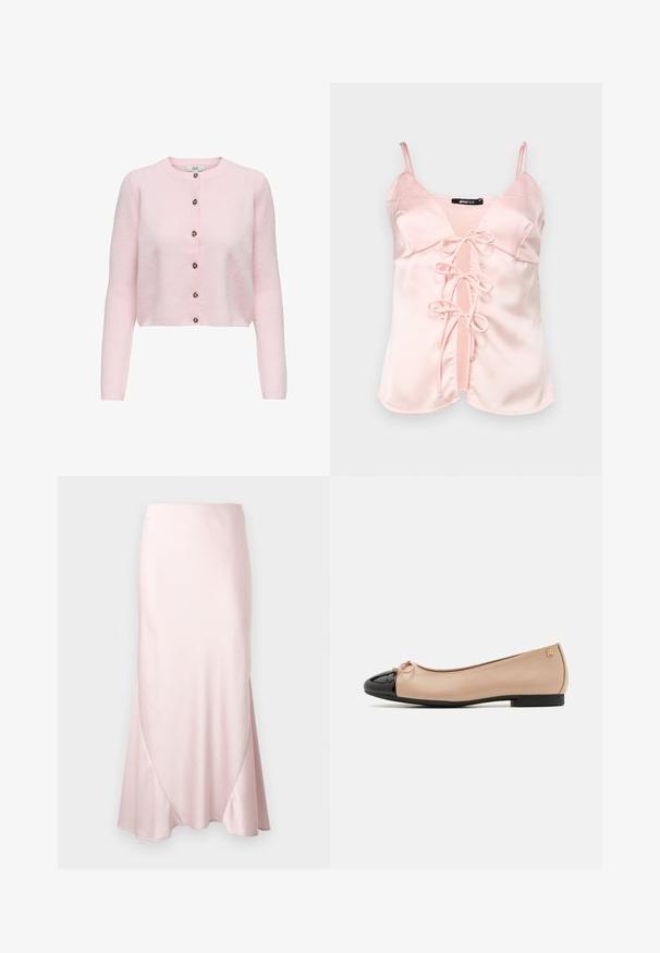 JDY JDYCHLOE LIFE CARDIGAN - Strickjacke - light pink; Rosa Satin-Camisole mit verstellbaren Spaghetti-Trägern, ausgestattet mit einer vorderen Bindeschleife mit Schlaufen und einem V-Ausschnitt-Design. Glatte Textur und klare Linien.; Hellrosa Satin-Midirock mit A-Linien-Silhouette und dezenten diagonalen Nahtdetails vor einfarbigem Hintergrund.; Balletschuhe mit einem beigefarbenen Satin-Obermaterial, einer schwarzen Lackleder-Zehenkappe, einer kleinen Schleifenverzierung an der Vorderseite und einem niedrigen schwarzen Absatz.