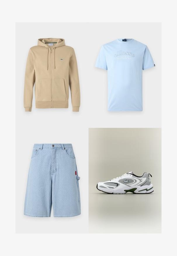 Sudadera con cremallera en color beige, con un bolsillo frontal, capucha con cordón y pequeño logo verde de Lacoste. Fabricada en una suave mezcla de algodón.; Ellesse QUESCO TEE - Camiseta estampada - light blue; Shorts de mezclilla azul claro con un patrón texturizado, dos bolsillos frontales y un bolsillo lateral con un detalle de etiqueta roja.; Zapatilla deportiva de running en blanco y gris, con paneles de malla, acentos verdes, detalles en negro y un logo en el costado, vista desde el lado exterior.