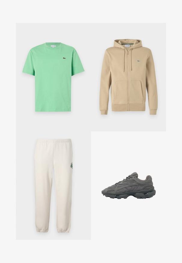 Sudadera con cremallera en color beige, con un bolsillo frontal, capucha con cordón y pequeño logo verde de Lacoste. Fabricada en una suave mezcla de algodón.; Camiseta de algodón verde menta con cuello redondo, mangas cortas y un pequeño logotipo bordado en el lado izquierdo del pecho.; Pantalones de chándal de color beige claro, hechos de algodón, con una cinturilla elástica, puños acanalados y un logo verde con diseño de hoja en la pierna izquierda.; Zapatilla de ante gris con parte superior texturizada, líneas elegantes y suela de goma oscura con tacos puntiagudos para tracción. Marca mínima visible.