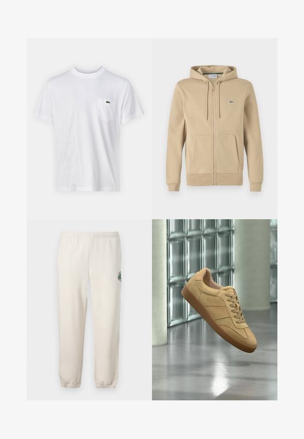 Beige zip-up hoodie med en frontlomme, snoretræk i hætten og lille grøn Lacoste-logo. Lavet af blød bomuldsblanding.; Hvid bomulds T-shirt med rund halsudskæring og korte ærmer. Har en lomme på venstre bryst og et lille grønt Lacoste-logo.; Lys beige sweatpants lavet af bomuld, med elastisk talje, ribbede mansjetter og et grønt logo med bladdesign på venstre ben.; Beige ruskind sneaker med gummisål, snørelukning, svæver indendørs på poleret betongulv nær glasblokvæg.