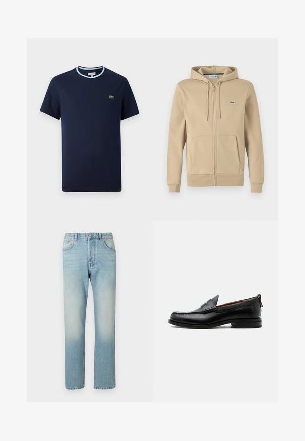 Housse zippée beige avec une poche avant, capuche à cordon de serrage et petit logo vert Lacoste. Fabriquée en mélange de coton doux.; T-shirt bleu marine en coton, avec un col côtelé bleu clair. Présente un petit logo crocodile vert sur la poitrine. Design à manches courtes.; Jeans bleu clair fabriqués en denim, présentant un design à jambe droite, une structure à cinq poches et un effet délavé au niveau des cuisses.; Mocassin homme en cuir noir avec couture moc toe, bride penny, col texturé et petit talon empilé sur fond blanc.