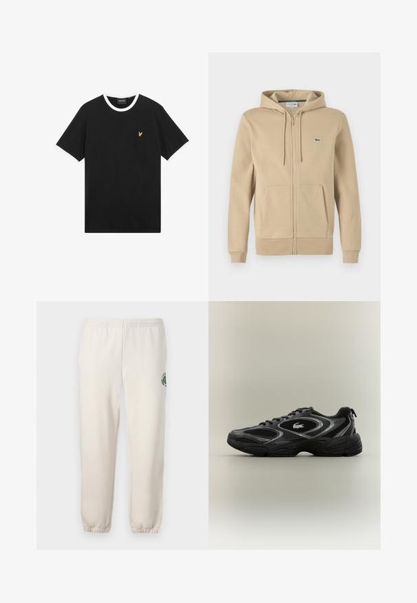 Beige zip-up hoodie med en frontlomme, snoretræk i hætten og lille grøn Lacoste-logo. Lavet af blød bomuldsblanding.; Sort T-shirt med hvid krave og ærmekanter, lavet af bomuld. Har en lille gul broderet ørnelogo på brystet.; Lys beige sweatpants lavet af bomuld, med elastisk talje, ribbede mansjetter og et grønt logo med bladdesign på venstre ben.; Sort og grå atletisk sneaker med mesh-paneler, snørebåndsdesign, tyk sål og et lille krokodillelogo på siden.