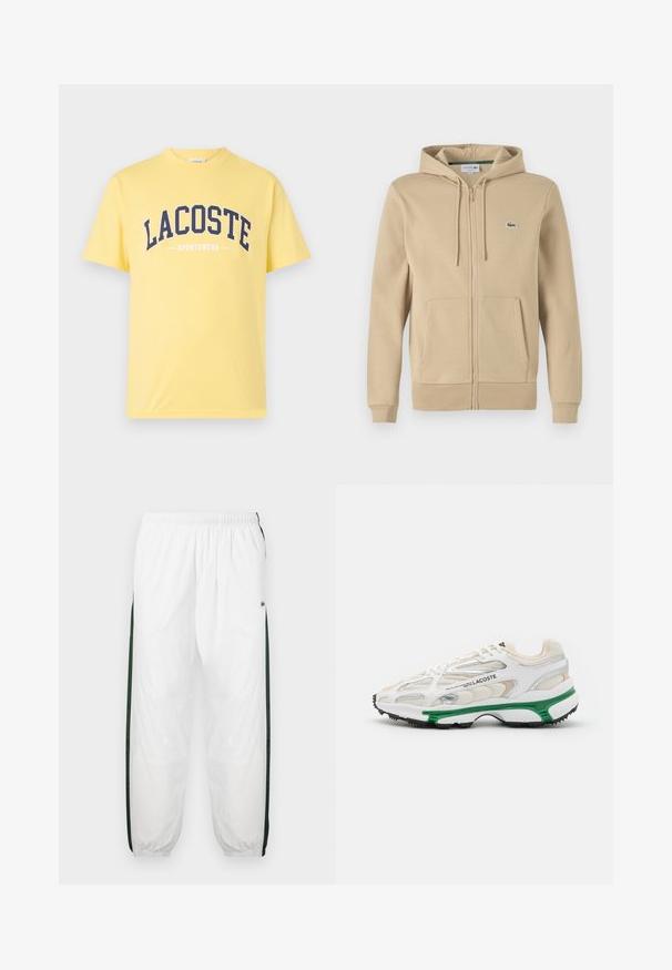 Beige zip-up hoodie med en frontlomme, snoretræk i hætten og lille grøn Lacoste-logo. Lavet af blød bomuldsblanding.; Gul bomulds T-shirt med navy blå "LACOSTE" logo og "SPORTSWEAR" tekst nedenfor. Enkel design med rund hals og korte ærmer.; Hvide træningsbukser med mørkegrønne sidelæg. Letvægtsmateriale, elastisk talje og manchetter ved benene. Har mesh-struktur på sidelæggene.; Hvide sneakers med grønne accenter og sort gummisål. Har mesh- og syntetiske paneler med en struktureret overflade og synlige sømme.