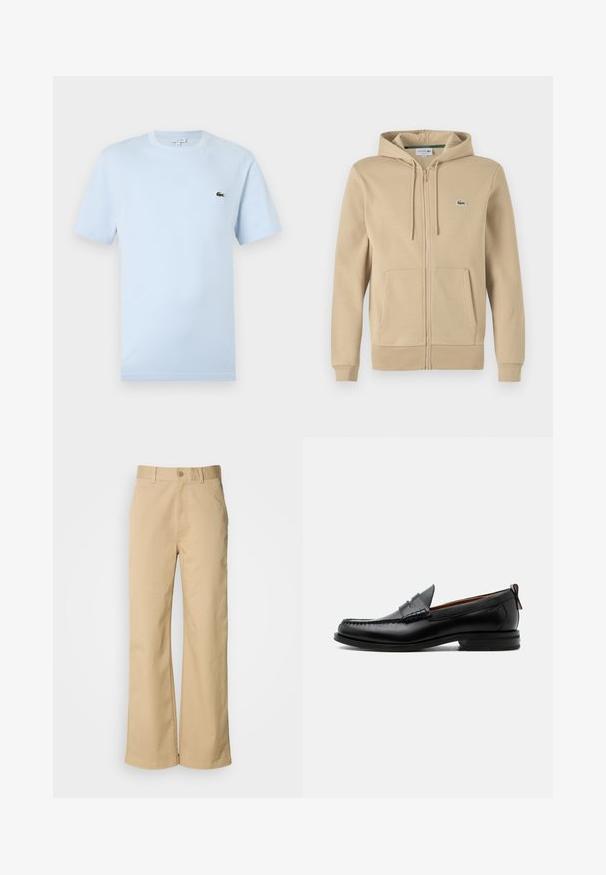 Beige Kapuzenpullover mit Reißverschluss, Fronttasche, Zugbandkapuze und kleinem grünen Lacoste-Logo. Hergestellt aus glattem Baumwollmischmaterial.; Helles blaues T-Shirt mit kurzen Ärmeln aus weichem Baumwollmaterial. Verfügt über ein kleines grünes gesticktes Krokodil-Logo auf der Brust.; Beige, weit geschnittene Hosen aus einer Baumwollmischung. Mit einem Knopfverschluss und Gürtelschlaufen. Glatte Textur mit minimalen Nähten.; Schwarzer Leder-Herrenschuh mit Mokassinnaht, Penny-Riemen, strukturiertem Kragen und niedrigem gestapeltem Absatz auf weißem Hintergrund.