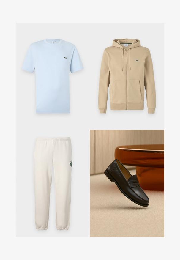 Sudadera con cremallera en color beige, con un bolsillo frontal, capucha con cordón y pequeño logo verde de Lacoste. Fabricada en una suave mezcla de algodón.; Camiseta de manga corta azul claro hecha de un suave material de algodón. Presenta un pequeño logo bordado de cocodrilo verde en el pecho.; Pantalones de chándal de color beige claro, hechos de algodón, con una cinturilla elástica, puños acanalados y un logo verde con diseño de hoja en la pierna izquierda.; Zapato mocasín de cuero negro suspendido sobre una alfombra beige con muebles modernos de color ámbar en el fondo.