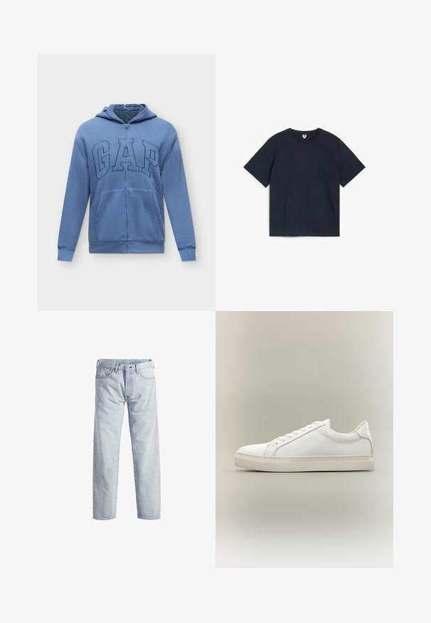 Blauer Kapuzenpullover mit Reißverschluss, Vordertaschen und dem auf der Brust aufgestickten "GAP"-Logo, mit weichem Innenfutter.; Schwarzes kurzärmliges T-Shirt mit Rundhalsausschnitt flach auf einem weißen Hintergrund ausgelegt, zeigt die Vorderseite und das Nackenetikett.; Hellblaue Denim-Jeans mit geradem Bein, Knopfleiste, fünf Taschen und subtilen Verwaschungen. Mit metallischen Hardware-Details ausgestattet.; Weißer Sneaker mit niedrigem Schaft, vorn mit Schnürung und dicker Sohle, aus der Seitenansicht vor neutralem Hintergrund.