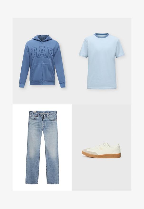 Blauer Kapuzenpullover mit Reißverschluss, Vordertaschen und dem auf der Brust aufgestickten "GAP"-Logo, mit weichem Innenfutter.; Hellblaues T-Shirt mit kurzen Ärmeln und einem etwas dunklerem blauen Rundhalsausschnitt, dargestellt auf einem neutralen, schlichten Hintergrund.; Helle blaue Jeans mit geradem Bein, ausgestattet mit einem Knopfverschluss, einem Fünf-Taschen-Design und einem ausgewaschenen Effekt an den Oberschenkeln.; Sneaker aus weißem Leder mit einer beigen Zehenkappe und leichter brauner Gummisohle. Verfügt über flache weiße Schnürsenkel und geprägtes Branding an der Seite.