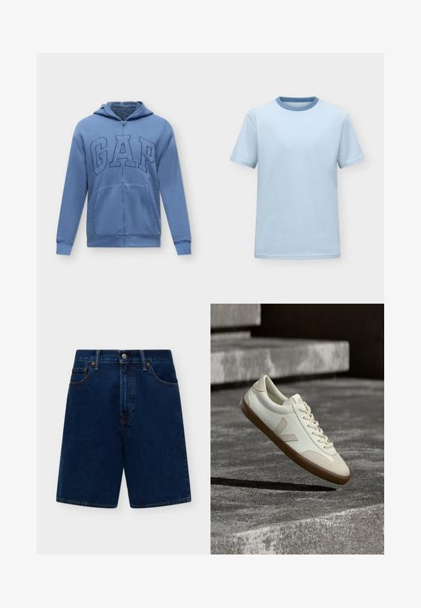 Sweat à capuche zippé bleu avec poches avant et logo "GAP" brodé sur la poitrine, avec une doublure intérieure douce.; T-shirt bleu clair à manches courtes avec un col rond bleu légèrement plus foncé, présenté sur un fond neutre uni.; Shorts en jean bleu foncé taille haute avec passants pour ceinture, bouton à l’avant, fermeture éclair, et poches avant sur un fond clair uni.; Baskets en cuir blanc avec semelle en caoutchouc beige, lacets plats et accent en forme de V sur le côté. Présentent une surface lisse et peu de détails de couture.