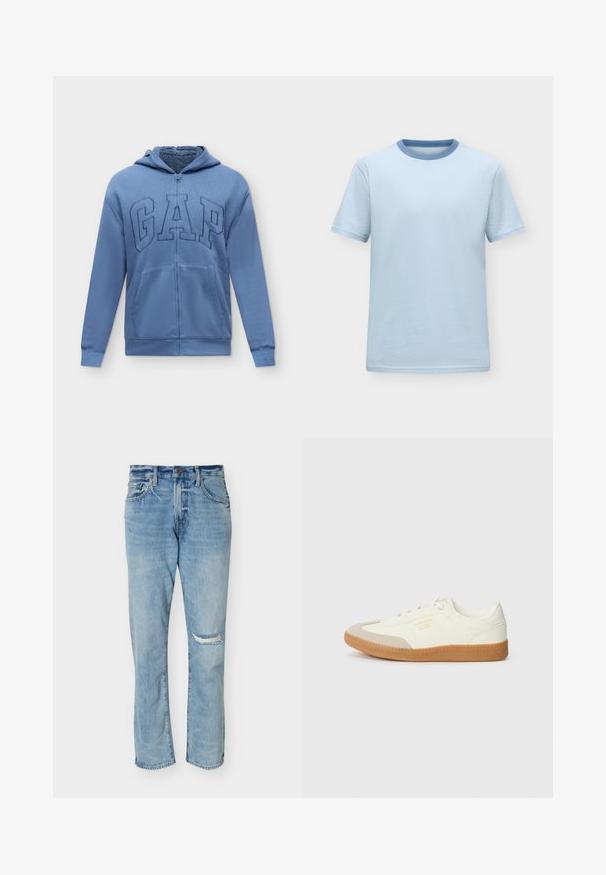 Sweat à capuche zippé bleu avec poches avant et logo "GAP" brodé sur la poitrine, avec une doublure intérieure douce.; T-shirt bleu clair à manches courtes avec un col rond bleu légèrement plus foncé, présenté sur un fond neutre uni.; Jean bleu clair à jambe droite avec taille haute et un patch déchiré sur le genou droit, avec des poches avant et une fermeture par bouton.; Baskets en cuir blanc avec une coque beige et une semelle en caoutchouc marron clair. Dotées de lacets blancs plats et d'un logo embossé sur le côté.