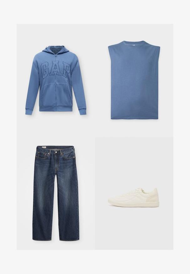 Sudadera con capucha azul con cremallera, bolsillos delanteros y logo "GAP" bordado en el pecho, con un forro interior suave.; Camiseta azul sin mangas con cuello redondo hecha de tela suave, colocada plana sobre un fondo blanco.; Jeans de mezclilla azul oscuro con corte recto, diseño de cinco bolsillos, cierre de botón metálico y cremallera, y patrones sutiles de desgaste.; ALDO THEPITCH - Zapatillas - white