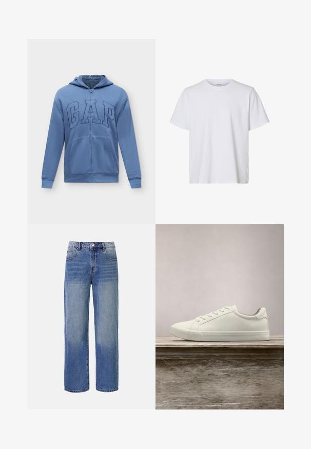 Blå hættetrøje med lynlås, forlommer og "GAP" logo broderet på brystet, med en blød indvendig foring.; Enkelt hvid kortærmet T-shirt med rund hals, almindelig pasform og glat stofstruktur, vist på en hvid baggrund.; Lys blå denim bred benjeans med et falme mønster, fem lommer og lynlås i gylpen. Har en knap og bæltestropper i taljen.; Hvide snørresneakers svævende over en træbænk med grønne planter i baggrunden, der fremhæver skodesign og tekstur.