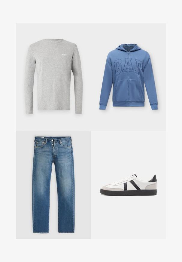 Sweat à capuche zippé bleu avec poches avant et logo "GAP" brodé sur la poitrine, avec une doublure intérieure douce.; T-shirt gris clair à manches longues avec col rond et petit logo blanc "Pepe Jeans London" sur le côté gauche de la poitrine.; Jean en denim bleu clair à coupe droite, avec cinq poches, fermeture par bouton en métal et surpiqûres jaunes contrastantes.; Baskets blanches avec des accents noirs et gris, présentant un embout texturé gris, une semelle en caoutchouc noir et des lacets plats blancs. Design épuré, style minimaliste.