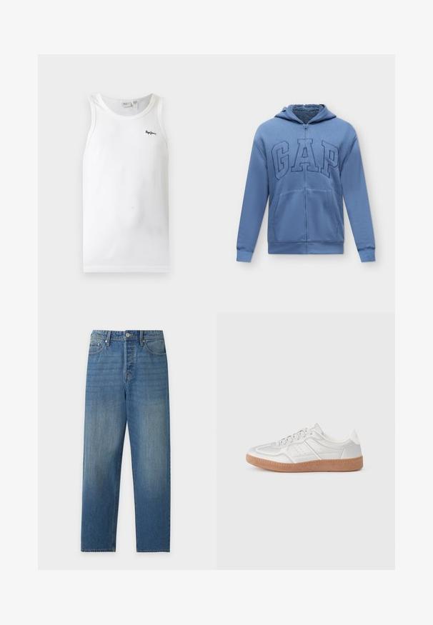 Sweat à capuche zippé bleu avec poches avant et logo "GAP" brodé sur la poitrine, avec une doublure intérieure douce.; Débardeur blanc côtelé sans manches avec encolure arrondie et petit logo noir brodé sur la poitrine gauche.; Jean bleu droit avec bouton et fermeture éclair à l'avant, avec poches avant et arrière, présenté sur un fond clair uni.; Baskets argentées avec une texture lisse, un design à lacets, des accents perforés et une semelle en caoutchouc marron texturé.
