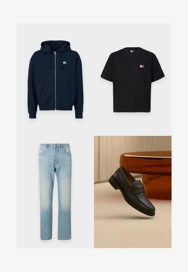 Hoodie zippé bleu marine en tissu doux avec une poche avant et un capuchon à cordon. Présente un petit patch logo sur la poitrine.; T-shirt en coton noir avec un col rond et des manches courtes. Présente un petit logo coloré sur la partie supérieure gauche de la poitrine.; Jeans bleu clair fabriqués en denim, présentant un design à jambe droite, une structure à cinq poches et un effet délavé au niveau des cuisses.; Mocassin homme en cuir noir avec une bande sur le dessus, présenté sur un tapis beige près d'une table ronde moderne marron.