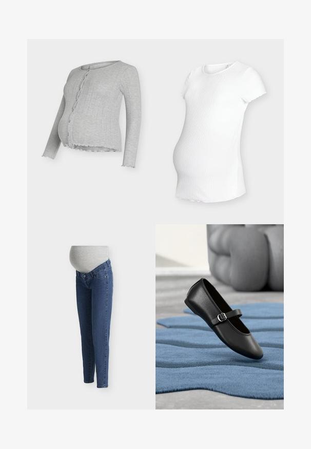 Cardigan de maternité gris côtelé avec un col rond, des boutons sur le devant et des détails à volants en bas. Comprend des manches longues et une coupe ajustée.; Haut de maternité blanc côtelé avec encolure arrondie et manches courtes, conçu pour s'adapter à un ventre en croissance. Texture lisse.; Jeans de maternité avec jambes en denim bleu foncé et une ceinture élastique grise conçue pour accueillir un ventre de femme enceinte.; Chaussure Mary Jane noire avec une bride à boucle flottant au-dessus d'un tapis bleu texturé avec un objet gris flou en arrière-plan.