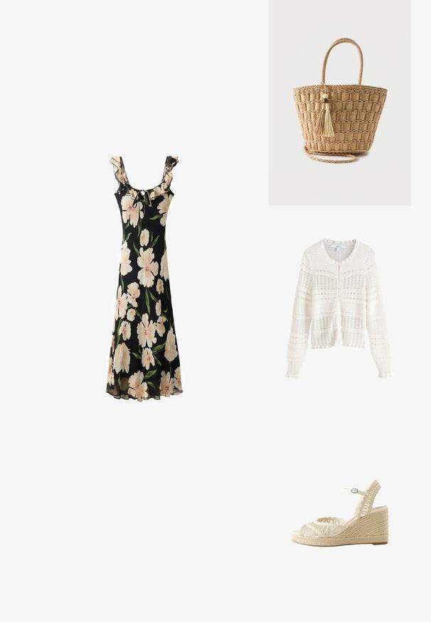 Cardigan blanc en maille à manches longues avec boutons devant, présentant des motifs horizontaux texturés et un col arrondi.; Robe noire avec des fleurs larges de couleur rose pâle, un col volanté, un lien réglable et un design en tissu fluide et transparent.; Sandale compensée beige tissée avec bride à la cheville et bout ouvert, avec semelle en jute tressée et design supérieur complexe en boucles.; Sac cabas en paille tressée avec poignées arrondies, motif carré, et deux pompons suspendus avec des perles en bois sur un fond uni.