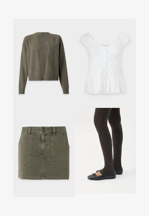 Cardigan en maille vert olive avec ouverture devant, manches longues et poignets et ourlet côtelés.; Blouse blanche à manches courtes avec boutons devant, encolure carrée, épaules froncées et plis verticaux sur la partie inférieure.; Mini-jupe en denim vert olive avec deux poches avant, passants de ceinture et fermeture à double bouton à la taille.; Jambes portant des leggings côtelés foncés associés à des ballerines noires avec de petits détails en nœud sur fond blanc.