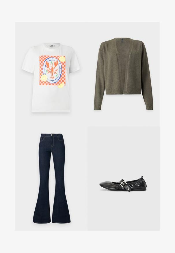 Cardigan en maille vert olive avec ouverture devant, manches longues et poignets et ourlet côtelés.; T-shirt blanc à manches courtes avec un homard rouge sur une assiette, placé sur un tissu à carreaux rouge et blanc avec des tranches de citron autour.; Jean en denim bleu foncé taille haute avec jambes évasées, bouton et zip à l'avant, et conception à cinq poches.; Chaussure plate en cuir noir avec un nez pointu, des détails froncés autour de l'ouverture et un accent en boucle argentée sur la bride ajustable.