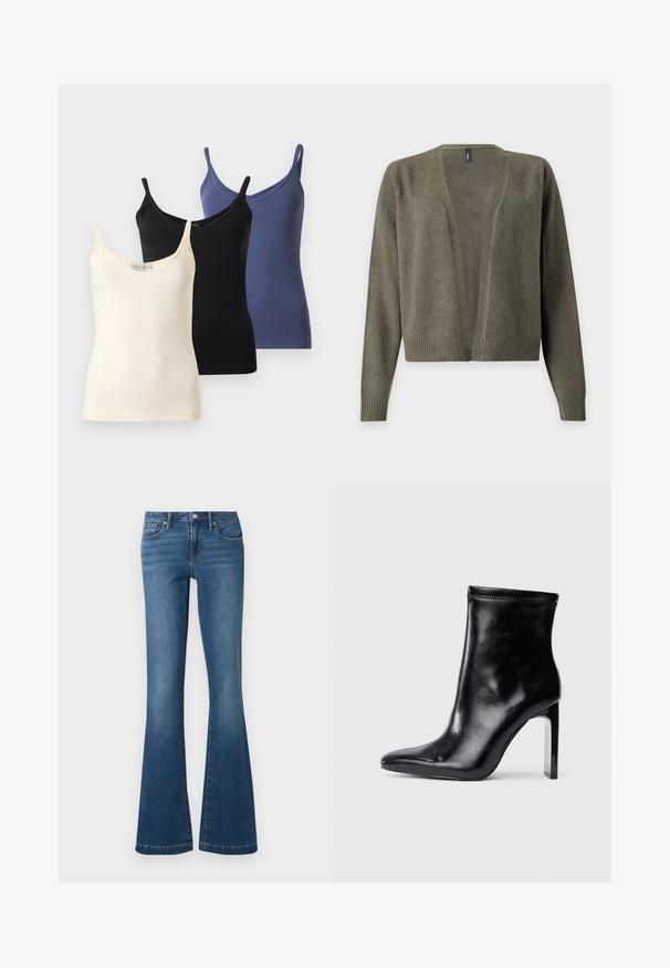 Cardigan en maille vert olive avec ouverture devant, manches longues et poignets et ourlet côtelés.; Trois camisoles sans manches pour femmes avec de fines bretelles, en crème, noir et bleu, affichées superposées sur un fond blanc.; Jean en denim bleu avec une taille haute, bouton et fermeture éclair à l'avant, style cinq poches, jambes évasées sur fond uni.; Bottine en cuir noir avec un bout pointu et un talon transparent haut. Texture lisse et finition minimaliste sur le dessus.