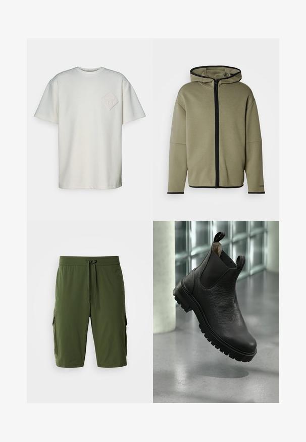 Sweat à capuche zippé vert olive avec bordure noire. Coupe décontractée et grandes poches avant. Tissu doux et texturé.; T-shirt à manches courtes en coton blanc cassé, avec un patch en diamant texturé et un design en relief sur la poitrine gauche.; Shorts cargo vert olive avec une taille élastique, cordon de serrage réglable et poches latérales pour le rangement. Tissu lisse, longueur jusqu'au genou.; Bottes basses en cuir noir avec une surface texturée, des panneaux élastiques sur les côtés et une semelle en caoutchouc robuste avec des crampons prononcés.