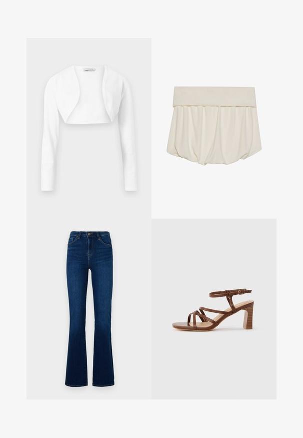 Biela dlhá cropovaná bolerová bunda s otvoreným predným dielom a zaoblenými klopami, zobrazená na rovnom povrchu na jednoduchom pozadí.; Svetlo krémová sukňa so širokým, prehnutým pásom a zhromaždenou tkaninou, ktorá vytvára voľný, balónový tvar. Hladká, jemná textúra.; Tmavomodré rozšírené džínsy vyrobené z denimu s vysokým pásom, s prednými vreckami, zipsovým zapínaním a jemnými švami.; Hnedá kožená sandála s remienkami, blokovým podpätkom a nastaviteľnou prackou na členku na jednoduchej svetlej pozadí.