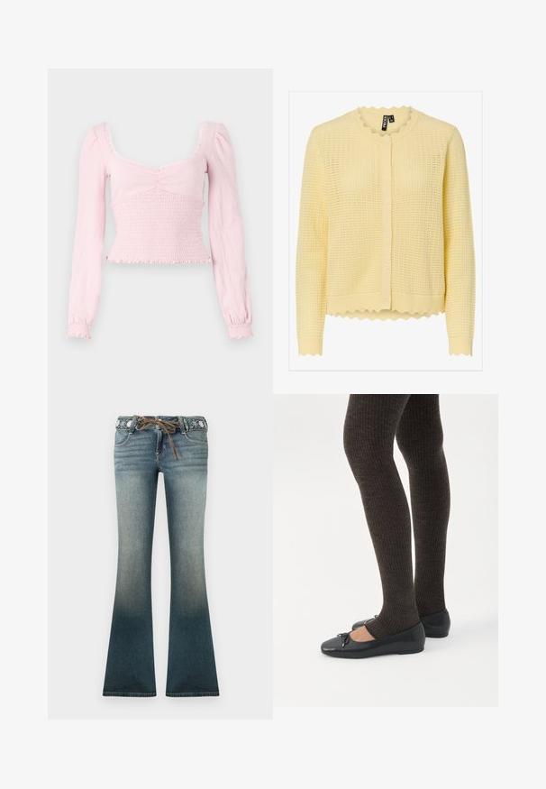 Lysegul strikket cardigan med langeærmer, rund hals med bølgekant, bølget kant forneden og knaplukning foran.; BDG Urban Outfitters SYDNEY - Langærmet T-shirt - pink; Flared denim jeans i en gradient fra lys til mørk blå, med en broderet talje og en brun snor for ekstra detalje.; Ben iført mørke ribbede leggings kombineret med sorte balletsko med små sløjfedetaljer på hvid baggrund.