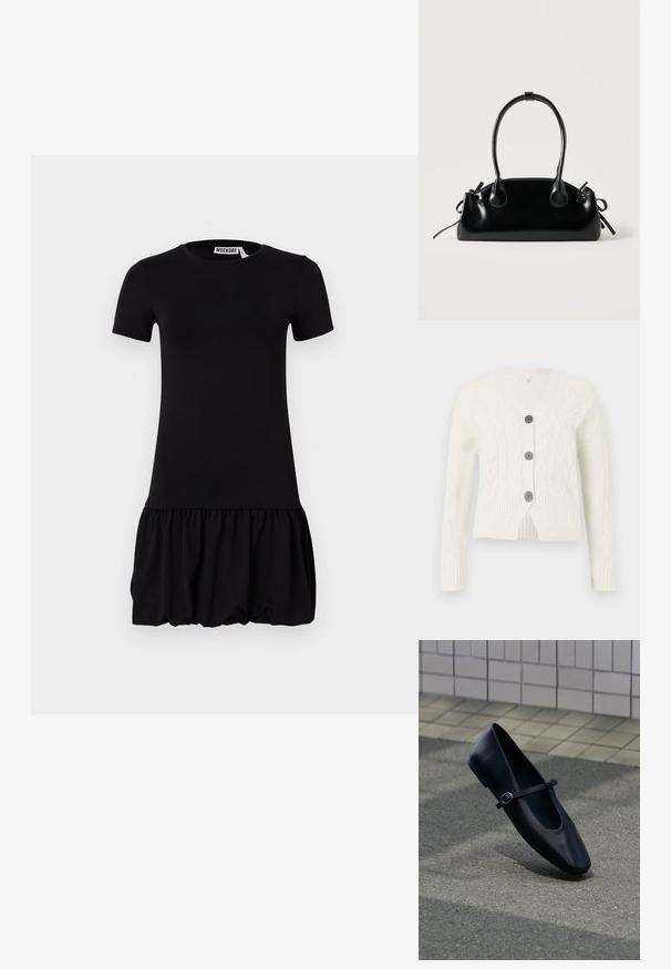 Cardigan en tricot blanc avec un col en V, présentant un motif en torsade, trois boutons foncés et des poignets et un ourlet côtelés. Longueur cropped.; Robe noire à manches courtes avec un corsage ajusté et une jupe évasée et plissée. Matériau doux avec une texture lisse et un col rond.; Chaussure plate Mary Jane en cuir noir avec une petite bride à boucle, posée sur une surface en asphalte gris près d'un mur carrelé.; Petit sac à main noir brillant avec deux longues anses et des détails à cordon sur les côtés sur un fond clair uni.