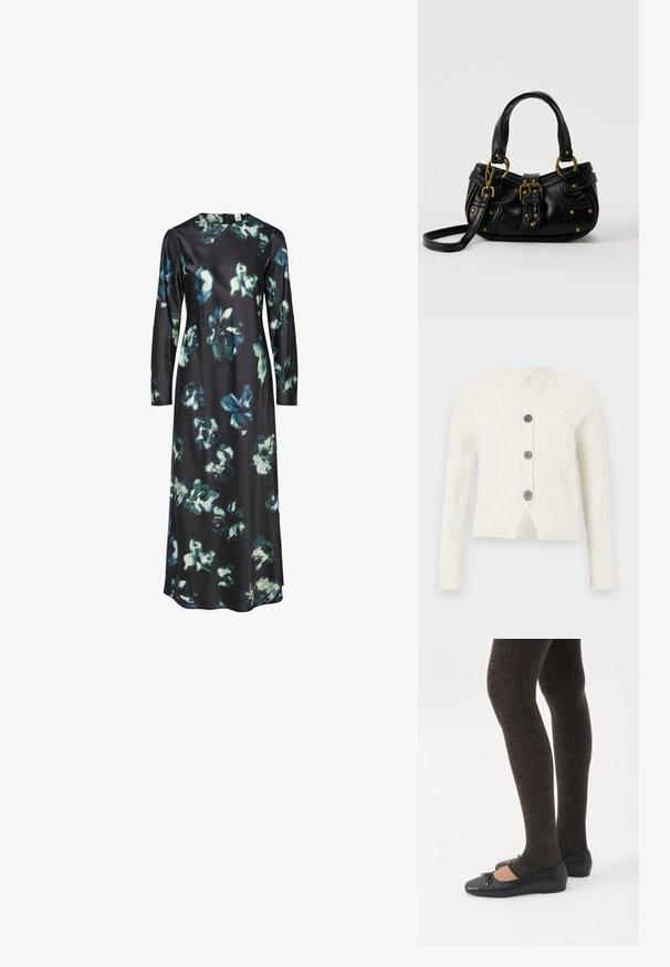 Cardigan en tricot blanc avec un col en V, présentant un motif en torsade, trois boutons foncés et des poignets et un ourlet côtelés. Longueur cropped.; Robe à manches longues en tissu noir ornée d'un motif floral en nuances de bleu et de vert. Encolure ronde avec une silhouette simple et épurée.; Jambes portant des leggings côtelés foncés associés à des ballerines noires avec de petits détails en nœud sur fond blanc.; Sac à main en cuir noir avec boucle dorée et détails à rivets, poignées courtes et bandoulière réglable sur fond blanc uni.