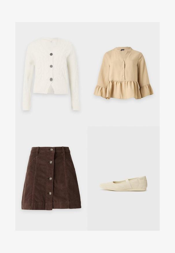 Hvid strikket cardigan med V-hals, med et kabelmønster, tre mørke knapper og ribbede manchetter og kant. Forkortet længde.; Beige bluse med lange ærmer, V-hals, tre knapper foran og flæsekant og manchetter på ensfarvet baggrund.; Brun kordfløjl A-formet nederdel med frontknaplukning og sidelommer, der har bæltestropper og vertikale sømdetaljer.; Lysebrune ballet flats med en glat læderoverflade, mandelformet tå og elastisk rem over vristen, med diskrete syninger.