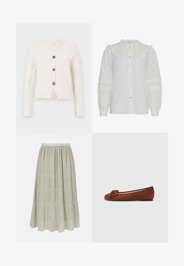 Hvid strikket cardigan med V-hals, med et kabelmønster, tre mørke knapper og ribbede manchetter og kant. Forkortet længde.; Hvid bluse med en flæsekrave, knaplukning foran og broderet øjenlågdetaljering på de puffede ærmer. Har en subtil glans og blød tekstur.; Lysegrøn midi-nederdel med små lyserøde blomsterprint, elastik i taljen og lagdelt, plisseret design.; Brune ruskind balletflats med rund tå, forsynet med en dekorativ knude foran og en kontrasterende pink indersål. Flad sål.