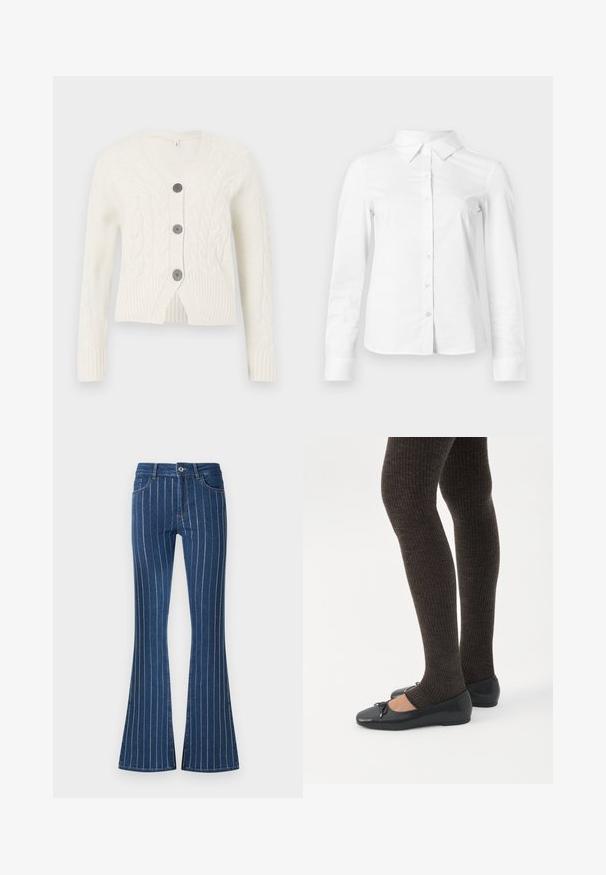 Hvid strikket cardigan med V-hals, med et kabelmønster, tre mørke knapper og ribbede manchetter og kant. Forkortet længde.; Hvid skjorte med lange ærmer, knapper, spids krave, lige kant og tætsiddende silhuet, vist på en ensartet lys baggrund.; Blå denim jeans med flared ben, der har vertikale hvide striber, en lynlås foran og lommer. Stoffet har en let struktureret overflade.; Ben iført mørke ribbede leggings kombineret med sorte balletsko med små sløjfedetaljer på hvid baggrund.
