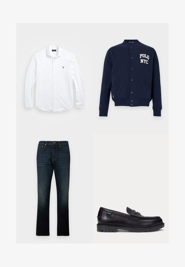 Marineblaue Collegejacke mit Knopfleiste, gerippten Bündchen und Saum, Fronttaschen und weißem "POLO NYC"-Schriftzug auf der Brust.; Weißes Langarm-Hemd mit Knopfleiste, aus Baumwolle gefertigt. Verfügt über einen klassischen Kragen, reguläre Passform und ein kleines blaues Logo auf der Brust.; Dunkelblaue Straight-Leg-Denim-Jeans mit fünf Taschen und orangener Naht, flach auf weißem Hintergrund dargestellt.; Schwarzer Lederloafer mit dicker Profilsohle und kleinem grünen "Polo"-Etikett an der Außenseite nahe der Ferse.