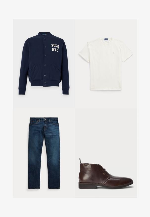 Marineblaue Collegejacke mit Knopfleiste, gerippten Bündchen und Saum, Fronttaschen und weißem "POLO NYC"-Schriftzug auf der Brust.; Weißes T-Shirt mit kurzen Ärmeln und Rundhalsausschnitt mit kleinem hellbeigen Polo Ralph Lauren Logo auf der linken Brust.; Dunkelblaue Jeans aus Denim mit leichter Verblassung an Oberschenkeln und Taschen, Knopf- und Reißverschluss sowie Fünf-Taschen-Design, flach auf weißem Hintergrund ausgelegt.; Dunkelbrauner Leder-Stiefelette mit zwei Ösen, Ziehlasche an der Ferse und schwarzer Gummisohle, von der Außenseite auf einem weißen Hintergrund gezeigt.
