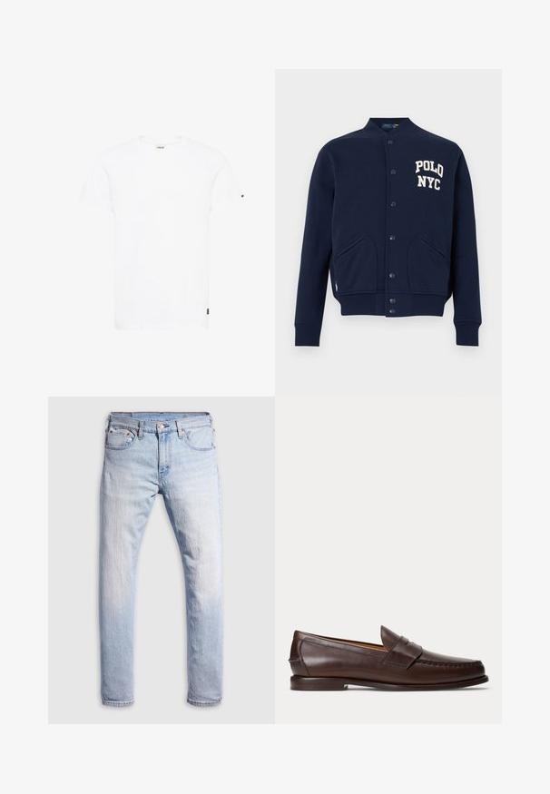 Veste varsity boutonnée bleu marine avec poignets et ourlet côtelés, poches avant, et texte blanc "POLO NYC" sur la poitrine.; T-shirt en coton blanc avec un col rond, des manches courtes et une coupe droite. Présente un petit logo noir sur la manche gauche.; Jeans en denim bleu clair à coupe droite, avec cinq poches et une fermeture à bouton. Le tissu présente une texture décolorée avec de légères variations de couleur.; Mocassin penny en cuir marron foncé avec des détails de couture et un petit talon empilé, présenté de profil sur un fond uni.