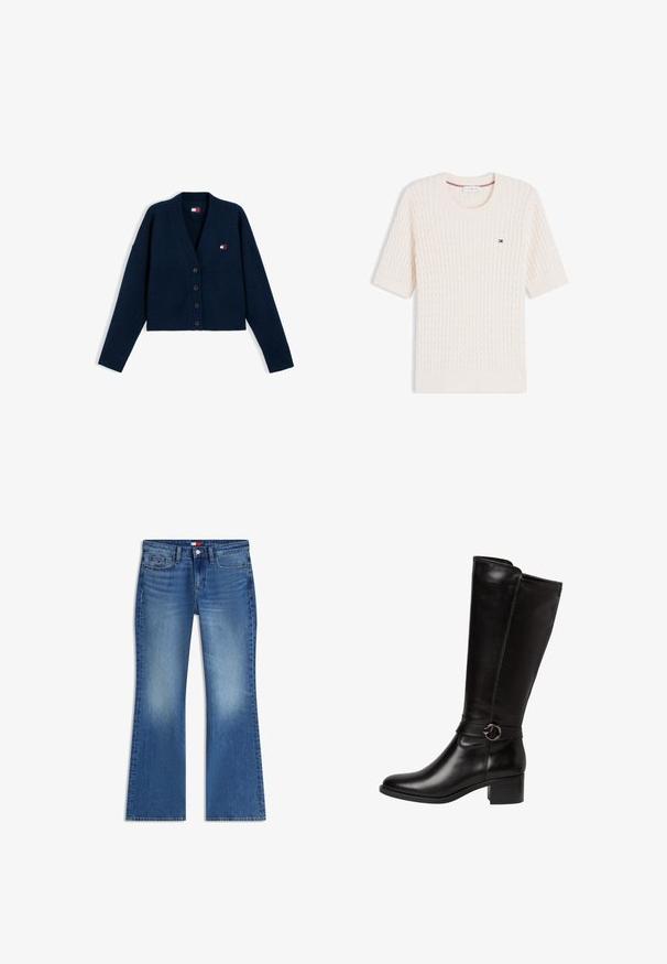 Cardigan bleu marine boutonné avec poignets et bas côtelés, col en V, et un petit patch rectangulaire avec le logo Tommy Jeans sur la poitrine gauche.; Pull en maille torsadée à manches courtes de couleur crème, avec un col rond et un petit logo Tommy Hilfiger sur la poitrine gauche.; Jean bleu taille mi-haute, coupe bootcut, délavé sur l'avant des cuisses, à cinq poches, avec fermeture par bouton.; Botte en cuir noir montante avec un bout arrondi, une sangle décorative avec une boucle circulaire, et un petit talon carré. Texture lisse et brillante.
