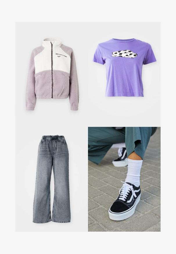 Fleecejacke mit hohem Kragen, bestehend aus einem weißen oberen und einem lavendelfarbenen unteren Abschnitt. Reißverschlusstaschen und detaillierte Nähte.; Lila Baumwoll-T-Shirt mit einem schwarz-weißen Kuh-Grafikdesign. Kurze Ärmel und eine lockere Passform mit rundem Ausschnitt.; Graue weit geschnittene Jeanshose aus Denim mit elastischem Bund, Kordelzugverschluss und Seitentaschen. Ausgeblichener Stoff mit durchgehendem Texturmuster.; Schwarze Wildledersneaker mit weißen Akzenten und Schnürsenkeln, ausgestattet mit einer dicken weißen Sohle und kontrastierenden Nähten, kombiniert mit einer weißen Socke.