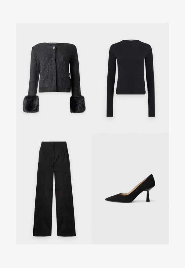 Cardigan noir texturé à manches longues avec encolure ronde, deux poches avant, un bouton unique en haut et de grandes poignets en fausse fourrure noire sur les manches.; Haut court noir à manches longues et coupe ajustée avec encolure ronde, fabriqué en tissu tricoté côtelé, présenté sur un fond gris clair uni.; Pantalon noir taille haute à jambes larges avec des détails de coutures frontales et des poches latérales, présenté sur un fond clair uni.; Pompe à talons hauts en suède noir avec un bout pointu, dotée d'un talon bloc noir brillant et d'une doublure intérieure lisse.