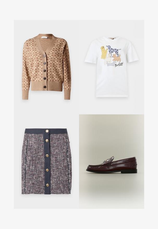 Gilet beige avec un motif circulaire marron, décolleté en V et six boutons foncés. Présente des poignets et un ourlet côtelés. Tissu doux et texturé.; T-shirt blanc avec cinq chiens dessinés dans différentes couleurs et motifs, et le texte "Barbour" sous les chiens à l'avant.; Jupe en tweed tissé bleu marine, rouge et blanc. Elle présente une large ceinture, une fermeture à boutons à l'avant et des poches latérales. Tissu texturé avec des motifs subtils.; Mocassin en cuir marron foncé avec une semelle noire basse et une bride décorative sur le dessus, présenté de profil sur un fond uni.