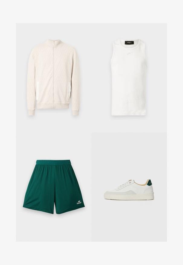 Veste zippée beige clair avec col montant, présentant un motif texturé en losanges, des poignets côtelés et deux poches latérales avec des accents blancs.; Débardeur blanc sans manches à col rond avec un petit détail usé sous l'encolure.; Shorts de sport en mesh vert foncé avec ceinture élastique et petit logo blanc « bareera » sur la partie inférieure de la jambe droite.; Baskets blanches avec des accents en daim, bout arrondi, lacets plats et semelle en caoutchouc crème. Présente une marque verte sur le talon.