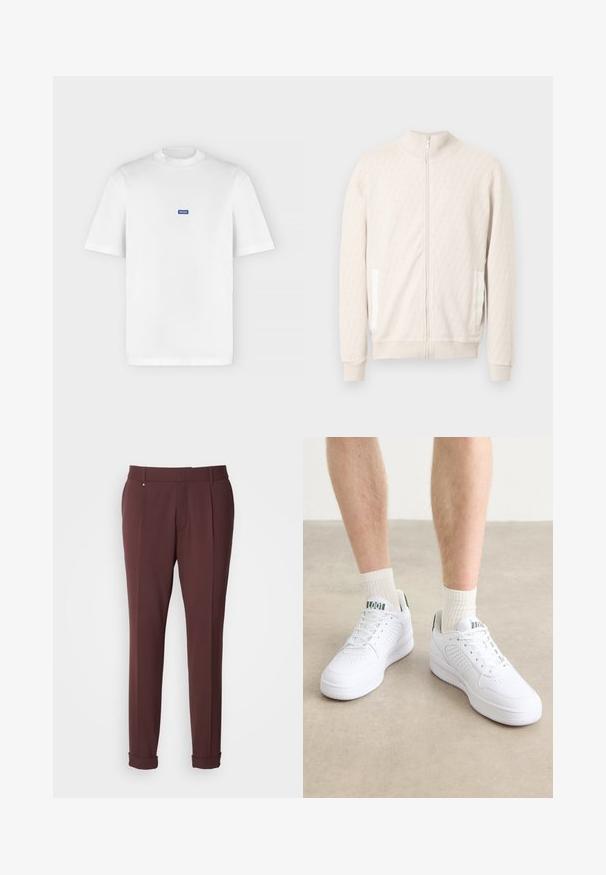 Lichtbeige jas met rits en een opstaande kraag, voorzien van een getextureerd diamantpatroon, geribbelde manchetten en twee zijzakken met witte accenten.; Wit T-shirt met korte mouwen en een ronde hals met een klein blauw rechthoekig "HUGO"-logo gecentreerd op de borst.; Bordeaux op maat gemaakte broeken met een gladde textuur, voorzien van riemlussen, voorplooien en opgerolde zoom voor een aansluitende uitstraling.; Witte sportieve schoenen met geperforeerde accenten, veters en dikke rubberen zolen. Gecombineerd met lichtcrème geribde sokken voor contrast.