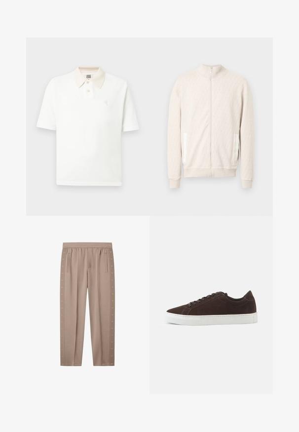 Hellbeige Reißverschlussjacke mit Stehkragen, verfügt über ein strukturiertes Diamantmuster, gerippte Bündchen und zwei Seitentaschen mit weißen Akzenten.; Weißes Poloshirt mit kurzen Ärmeln, beigem Kragen, zwei Knöpfen, strukturierter Stoff und kleinem, auf der Brust gesticktem Logo.; Taupefarbene Jogginghose mit elastischem Bund, seitlichen Taschen und vertikal verlaufenden, logo-musterten Streifen entlang der Außenseiten der Beine.; Dunkelbrauner Veloursleder-Low-Top-Sneaker mit passenden Schnürsenkeln und dicker weißer Gummisohle, von der Seite auf einfachem Hintergrund gezeigt.