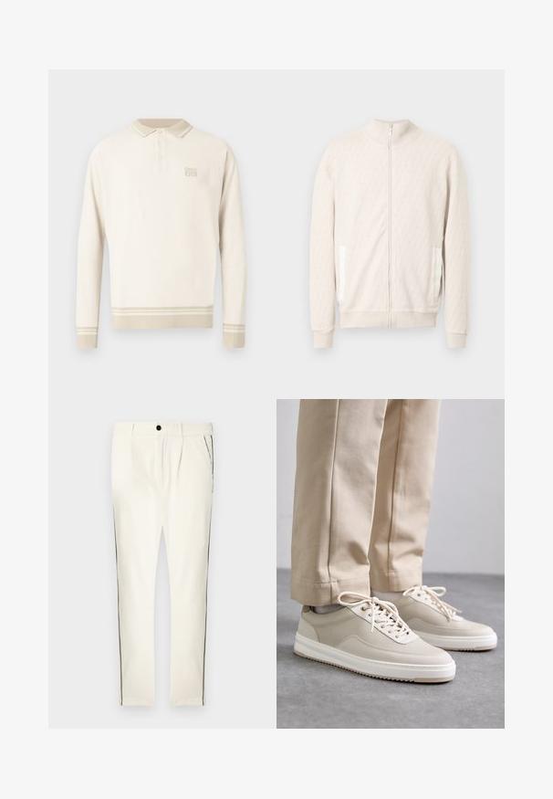 Lichtbeige jas met rits en een opstaande kraag, voorzien van een getextureerd diamantpatroon, geribbelde manchetten en twee zijzakken met witte accenten.; Beige poloshirt met lange mouwen van een gestructureerde tricot, een geknoopt kraagje en strepen aan de zoom en manchetten. Heeft een subtiel merklogo op de borst.; Witte gestreepte broek met een losse pasvorm, voorzien van een zwarte zijstreep, een knoopsluiting en voorplooien voor extra ontwerpdetails.; Beige sneakers met een textuur bovenkant, witte zolen en gestikte accenten, gecombineerd met beige broeken, tentoongesteld op een grijze ondergrond.